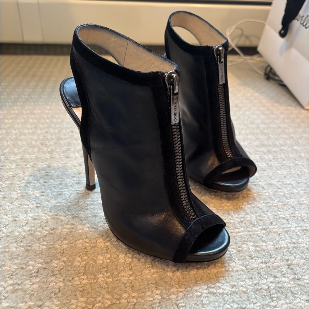 Jimmy Choo Black Heeled Boots with Peep-Toe Design
